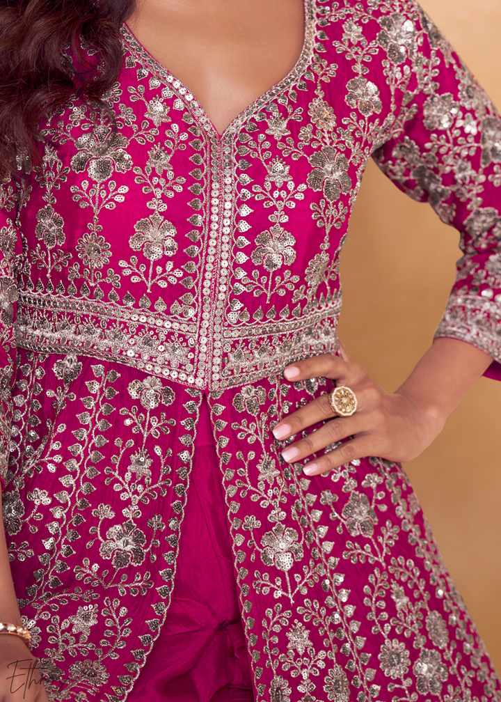 Rose Pink Gilded Chinon Slit-Kalidaar Palazzo Suit