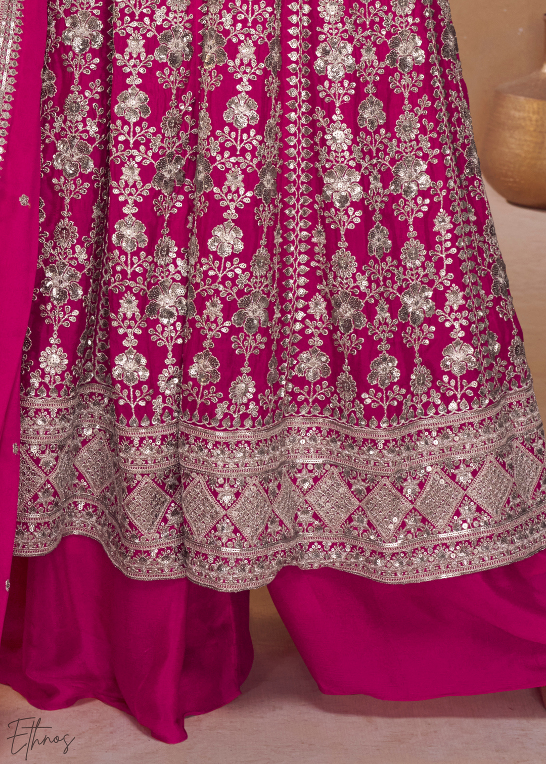 Rose Pink Gilded Chinon Slit-Kalidaar Palazzo Suit