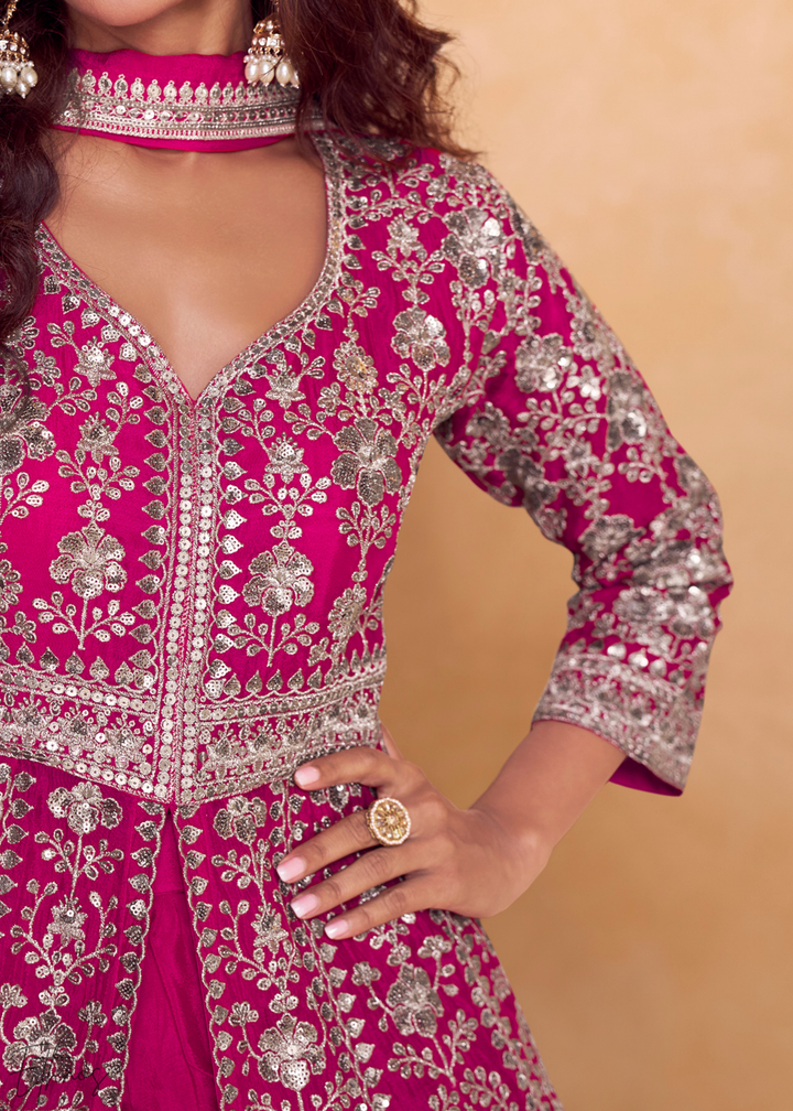 Rose Pink Gilded Chinon Slit-Kalidaar Palazzo Suit