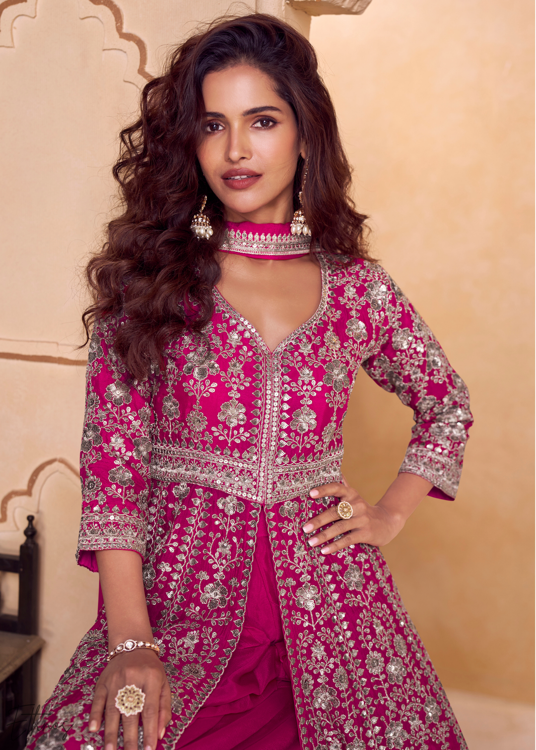 Rose Pink Gilded Chinon Slit-Kalidaar Palazzo Suit