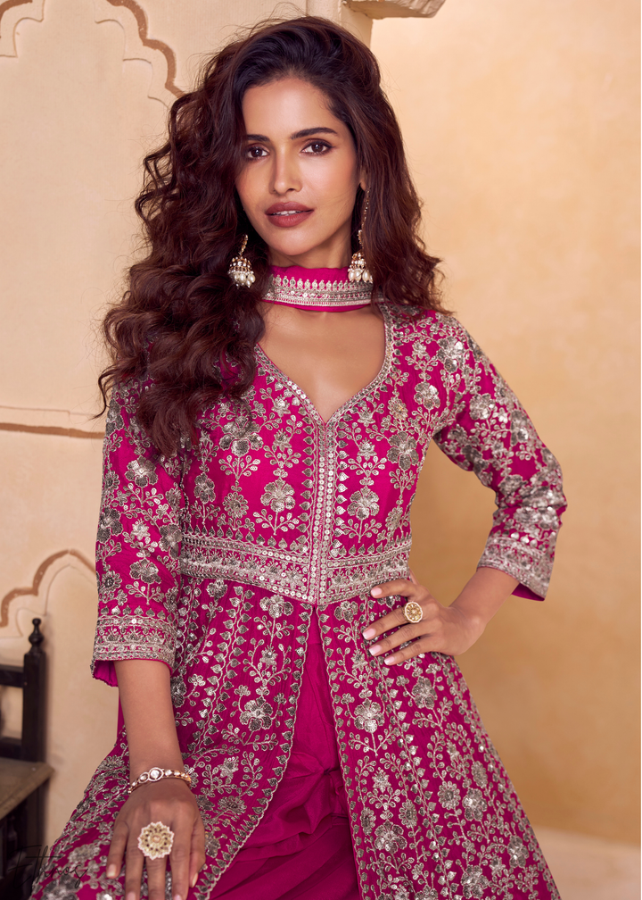 Rose Pink Gilded Chinon Slit-Kalidaar Palazzo Suit