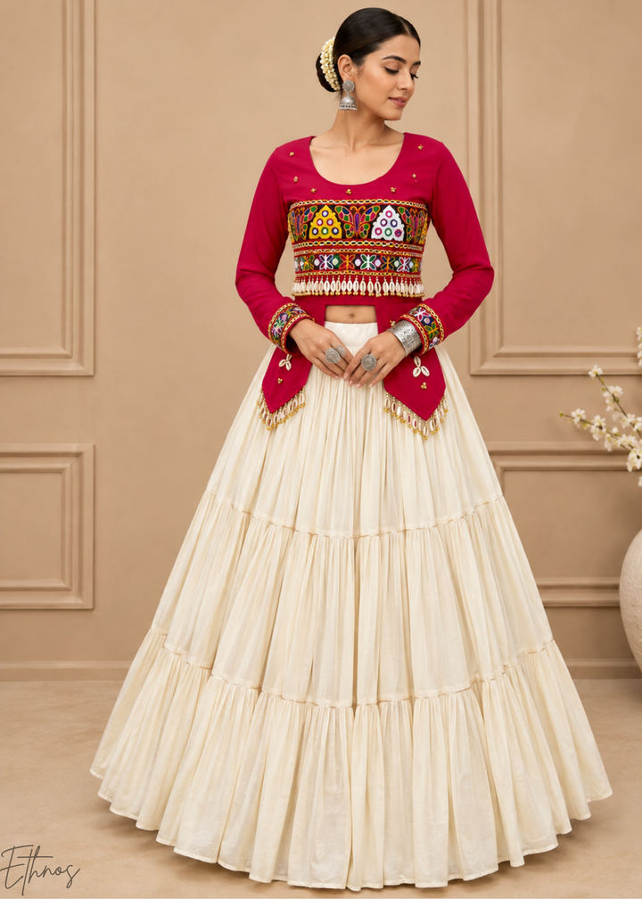 Hot Pink and Ivory Tiered Mirror Work Cotton Lehenga Choli