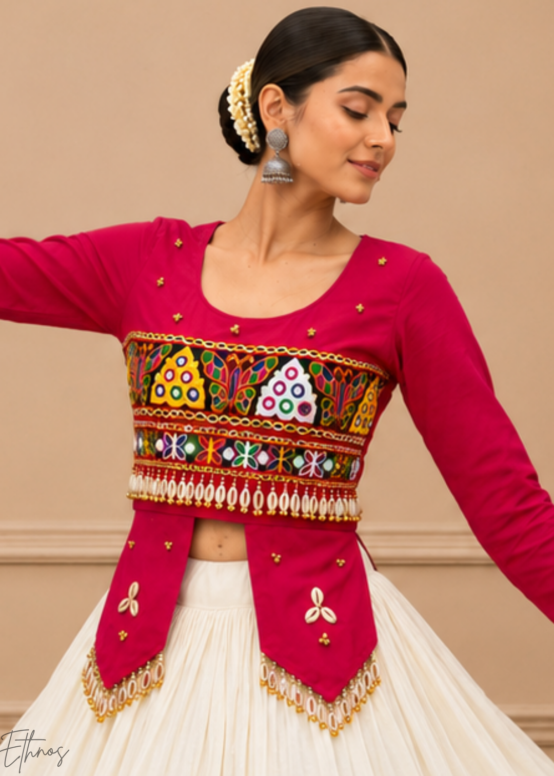 Hot Pink and Ivory Tiered Mirror Work Cotton Lehenga Choli