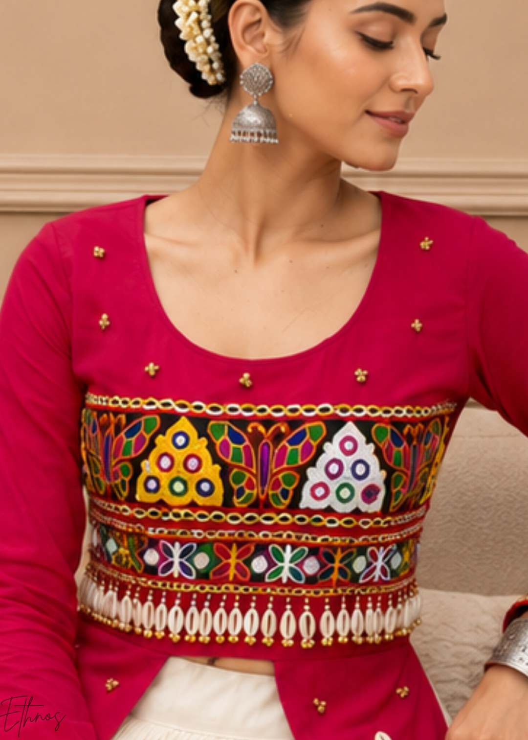Hot Pink and Ivory Tiered Mirror Work Cotton Lehenga Choli