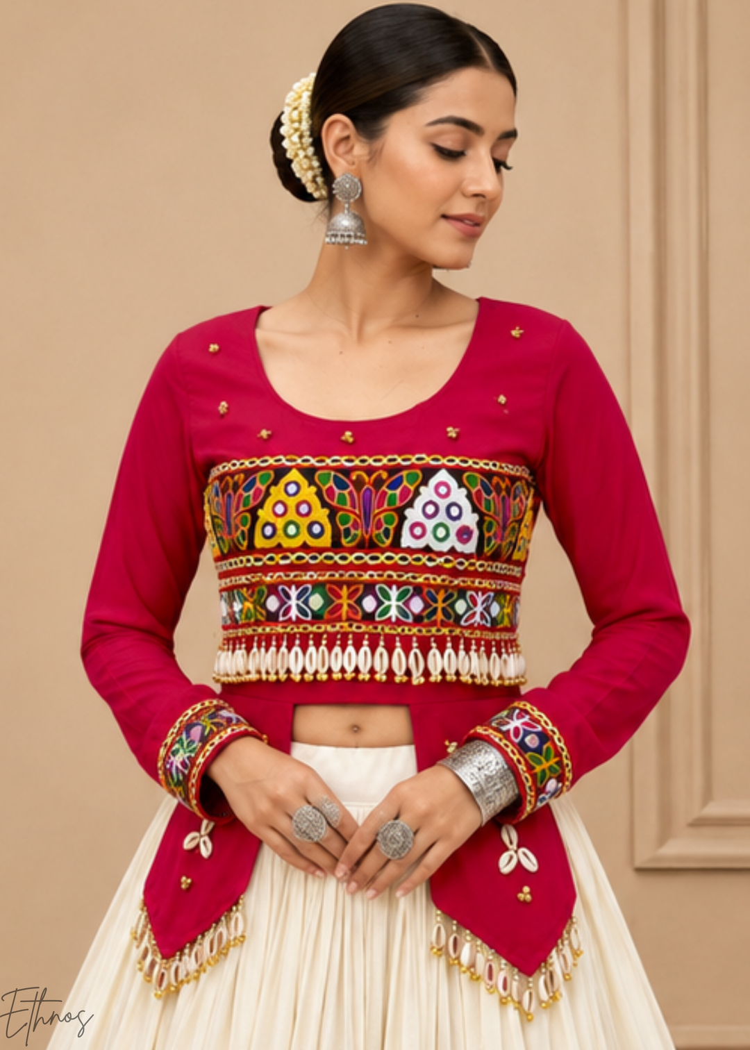 Hot Pink and Ivory Tiered Mirror Work Cotton Lehenga Choli