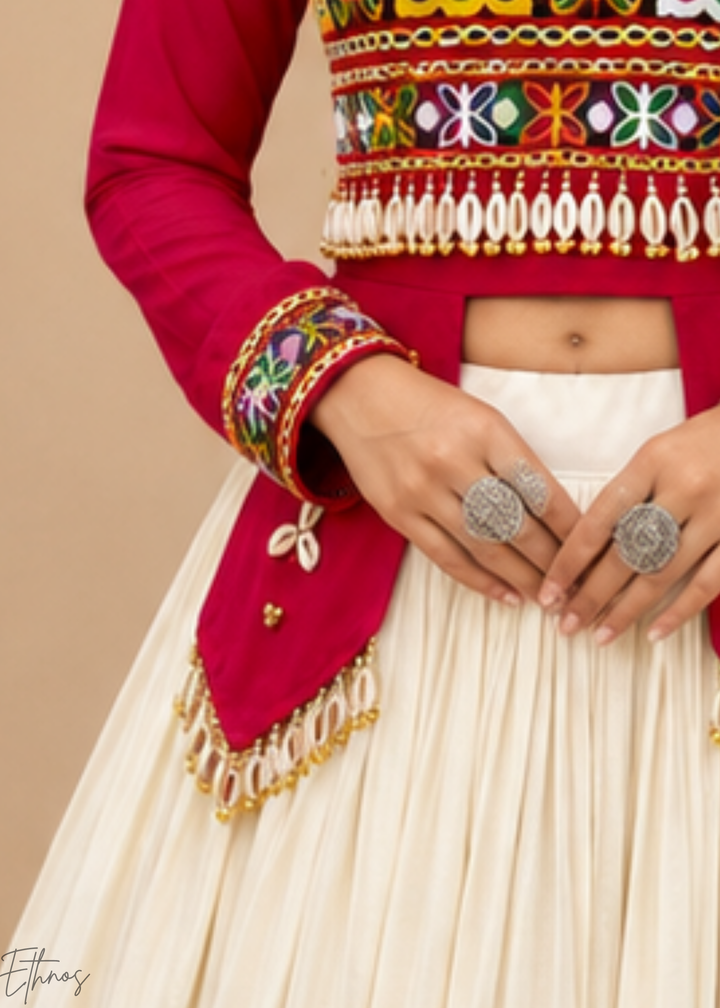 Hot Pink and Ivory Tiered Mirror Work Cotton Lehenga Choli
