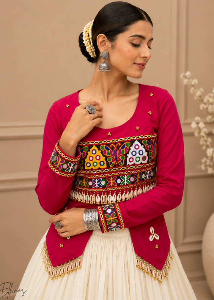 Hot Pink and Ivory Tiered Mirror Work Cotton Lehenga Choli