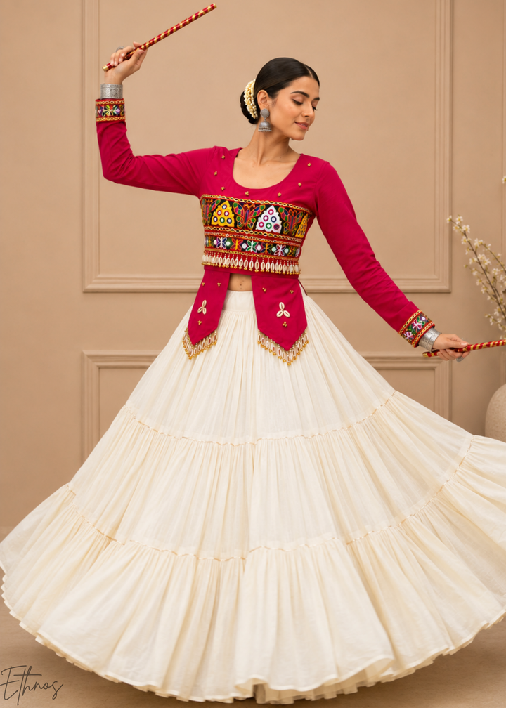Hot Pink and Ivory Tiered Mirror Work Cotton Lehenga Choli