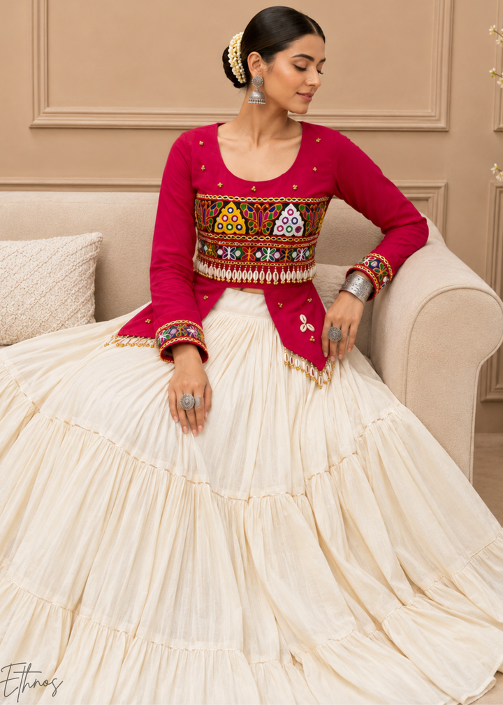 Hot Pink and Ivory Tiered Mirror Work Cotton Lehenga Choli
