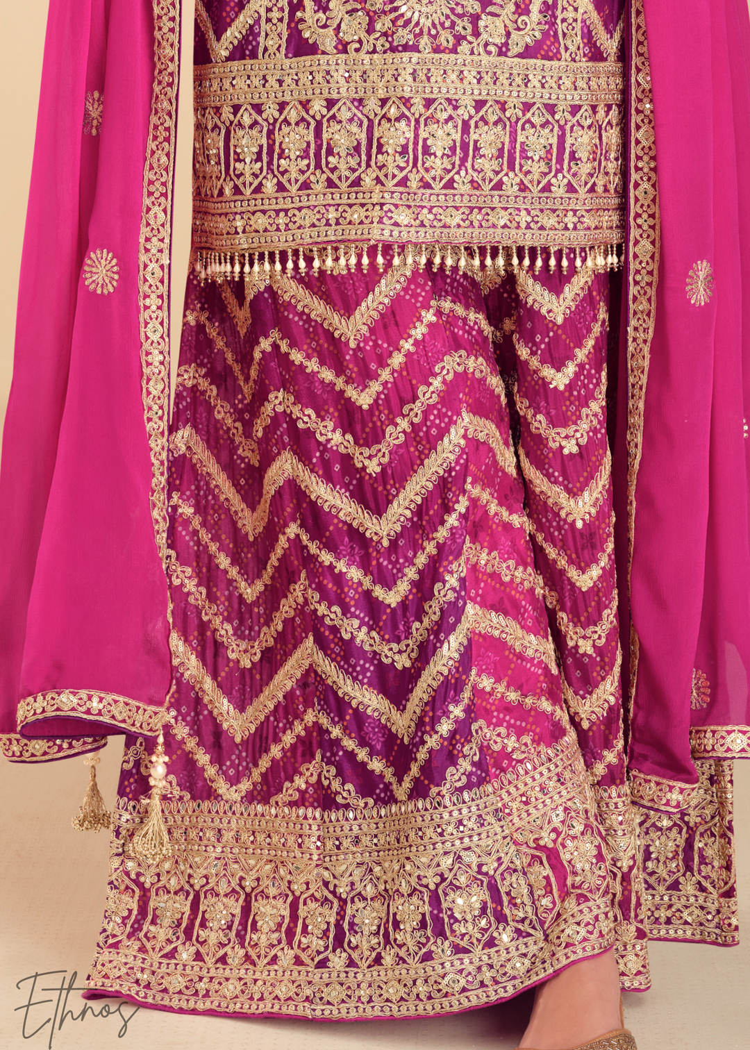 Hot Pink Chinon Palazzo Salwar Suit