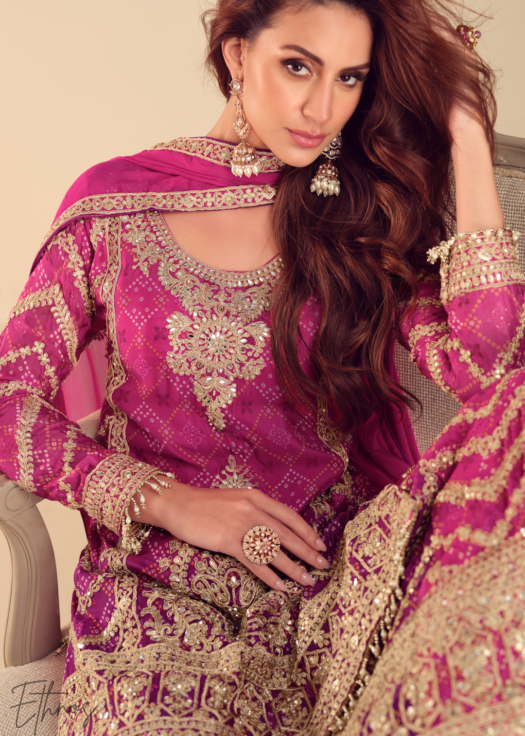 Hot Pink Chinon Palazzo Salwar Suit