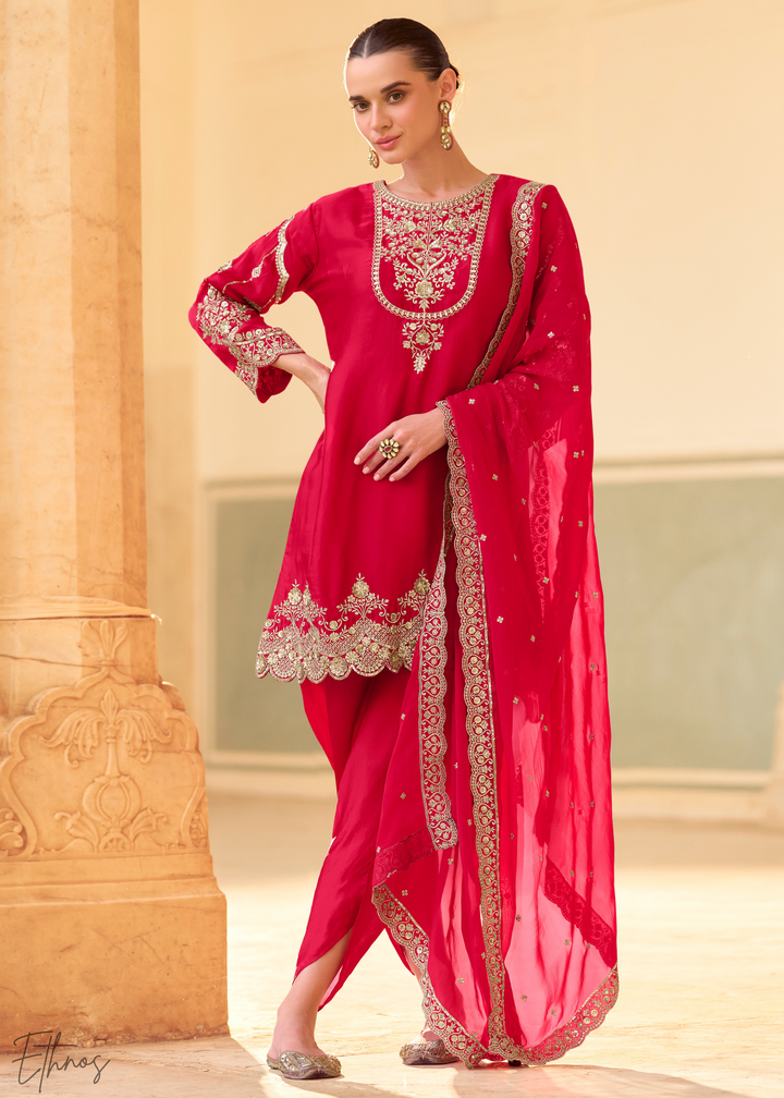Coral Red Crepe Silk Dhoti Suit