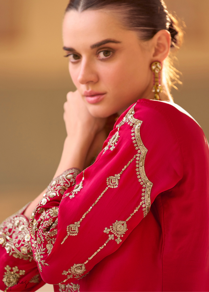 Coral Red Crepe Silk Dhoti Suit