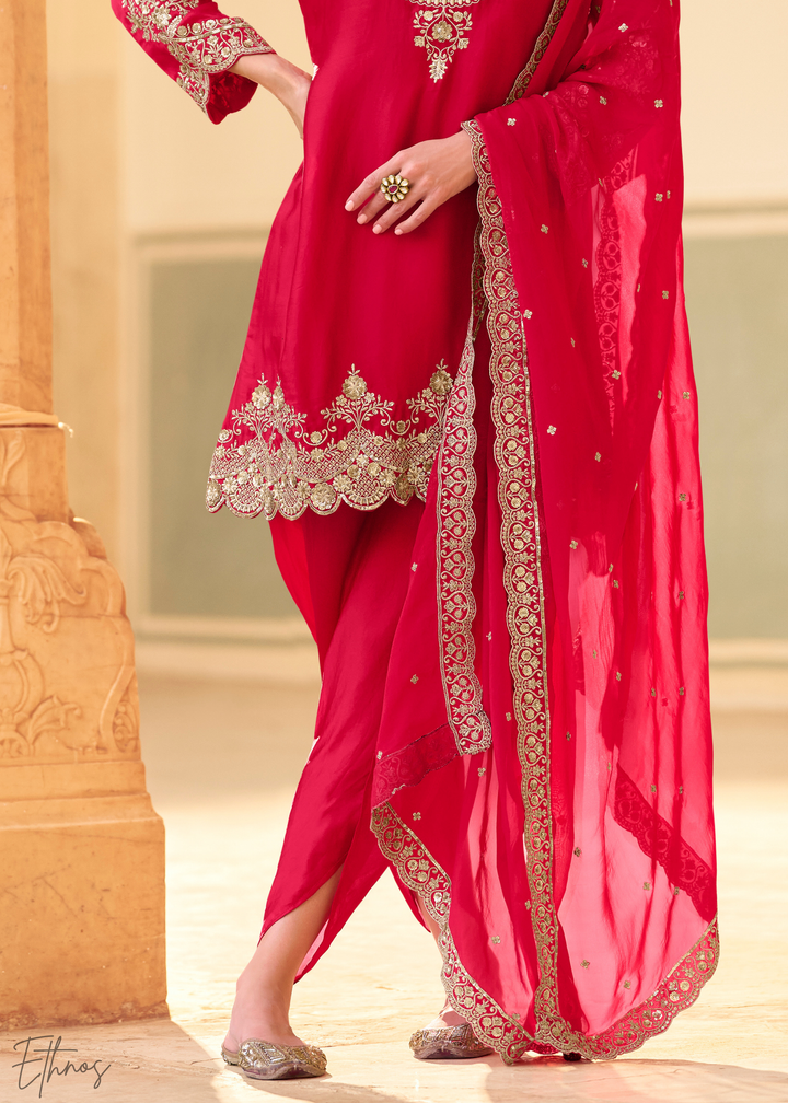 Coral Red Crepe Silk Dhoti Suit