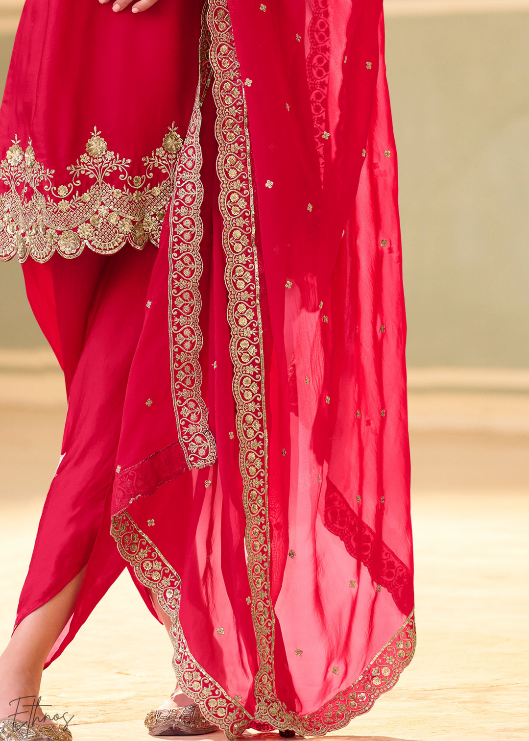 Coral Red Crepe Silk Dhoti Suit