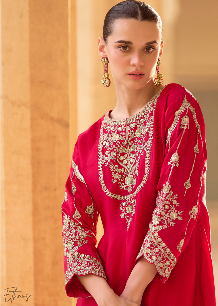 Coral Red Crepe Silk Dhoti Suit