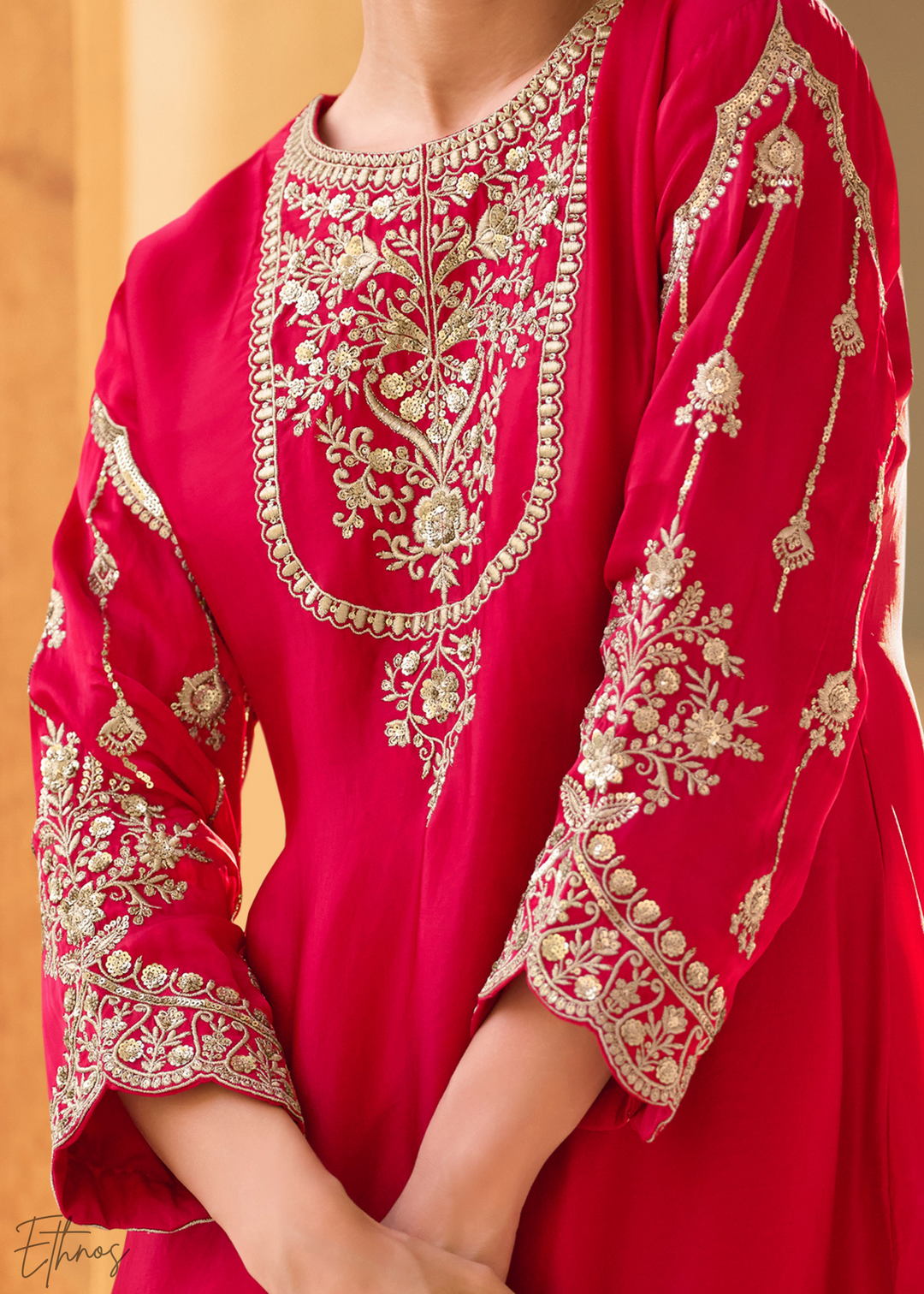 Coral Red Crepe Silk Dhoti Suit