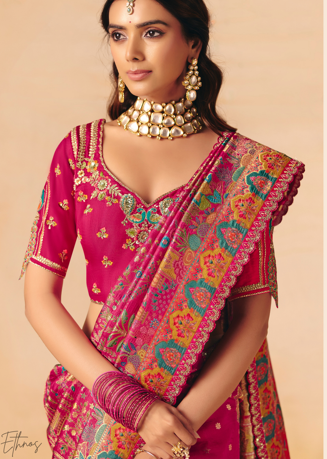 Hot Pink Mughal Dola Silk Saree