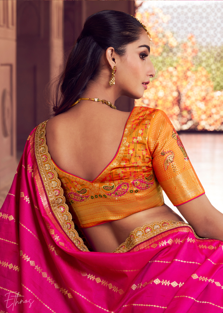 Orange Peackock Banarasi Silk Lehenga