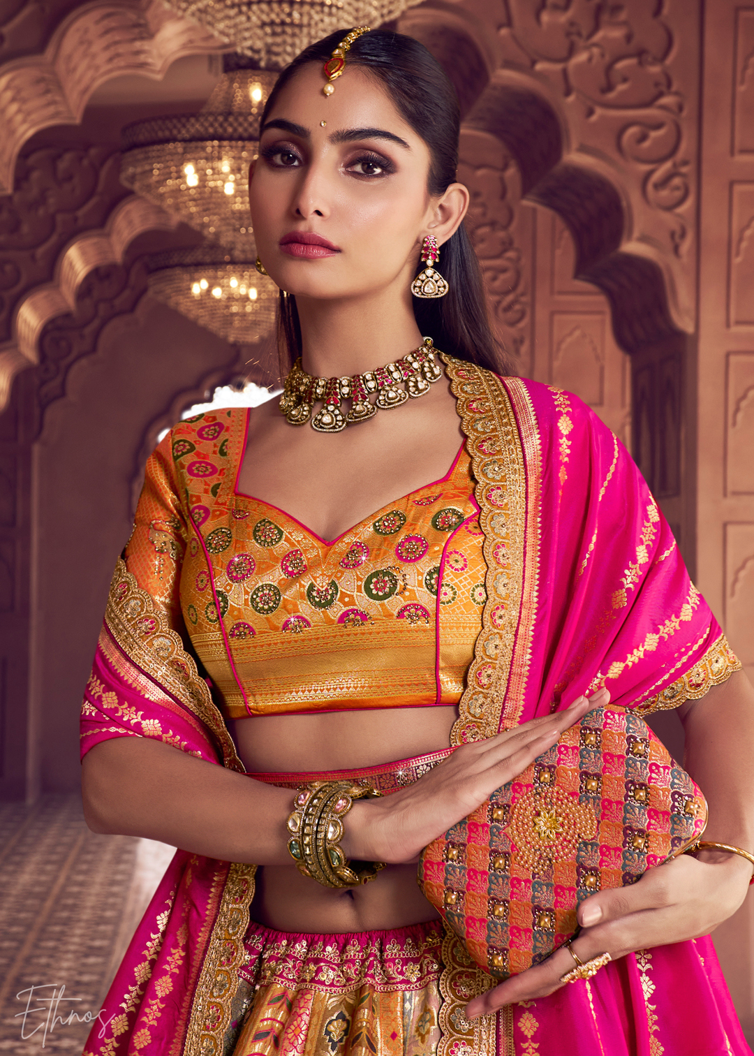 Orange Peackock Banarasi Silk Lehenga