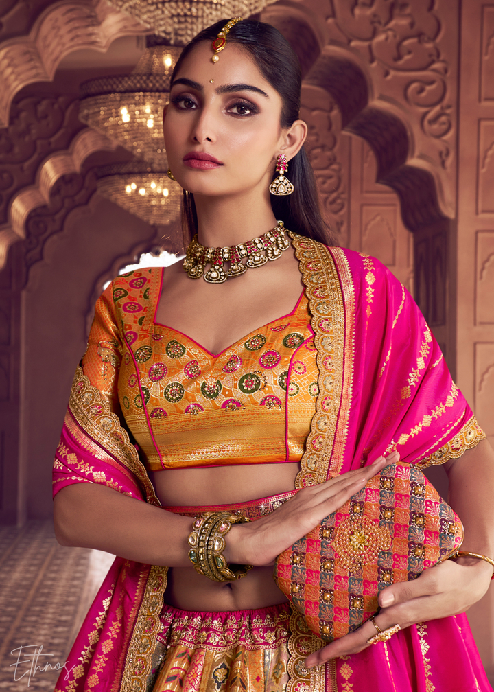 Orange Peackock Banarasi Silk Lehenga