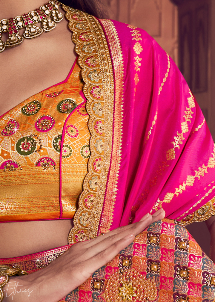 Orange Peackock Banarasi Silk Lehenga