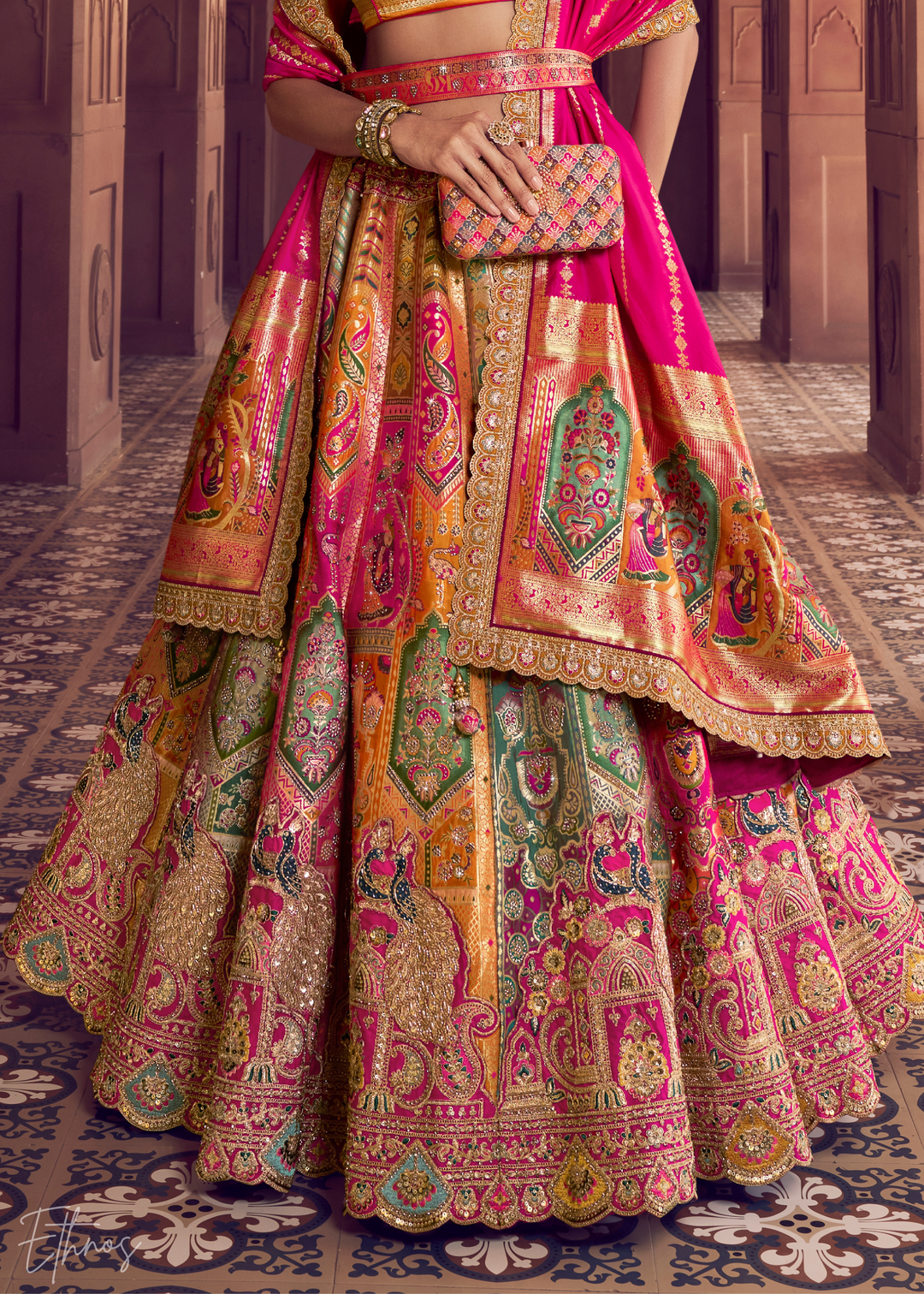 Orange Peackock Banarasi Silk Lehenga