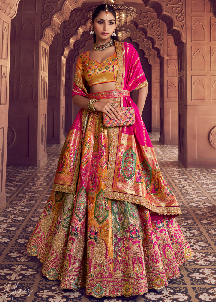 Orange Peackock Banarasi Silk Lehenga