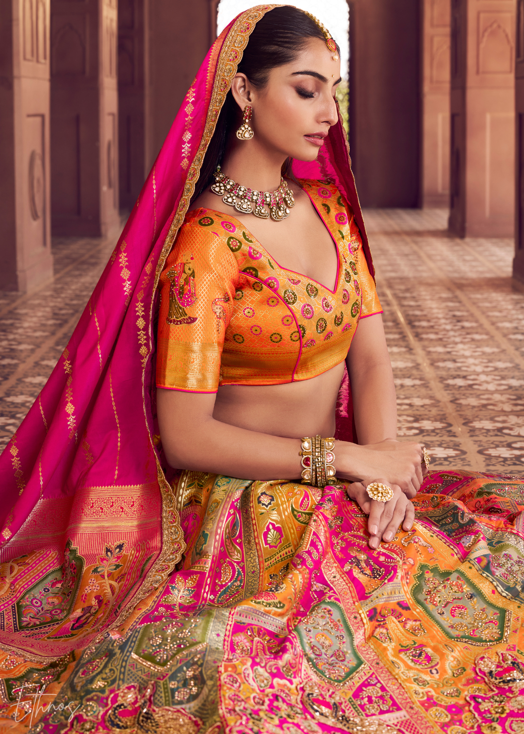 Orange Peackock Banarasi Silk Lehenga