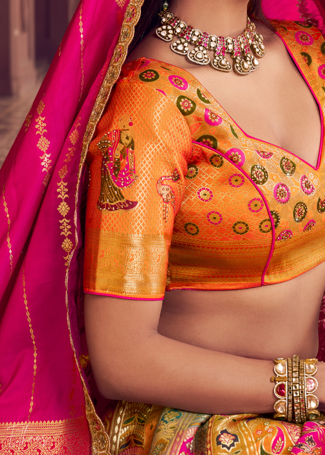 Orange Peackock Banarasi Silk Lehenga
