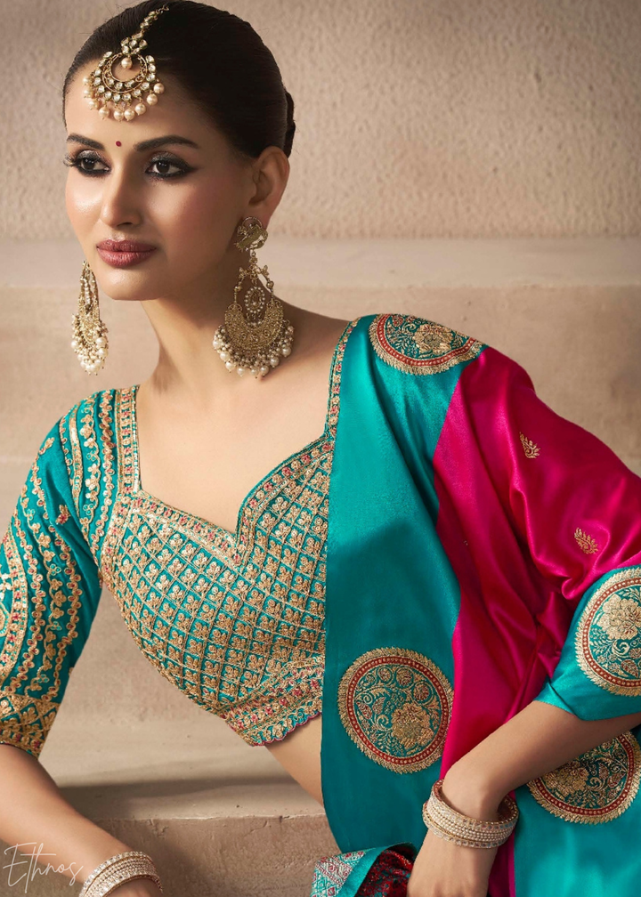 Hot Pink Satin Silk Saree