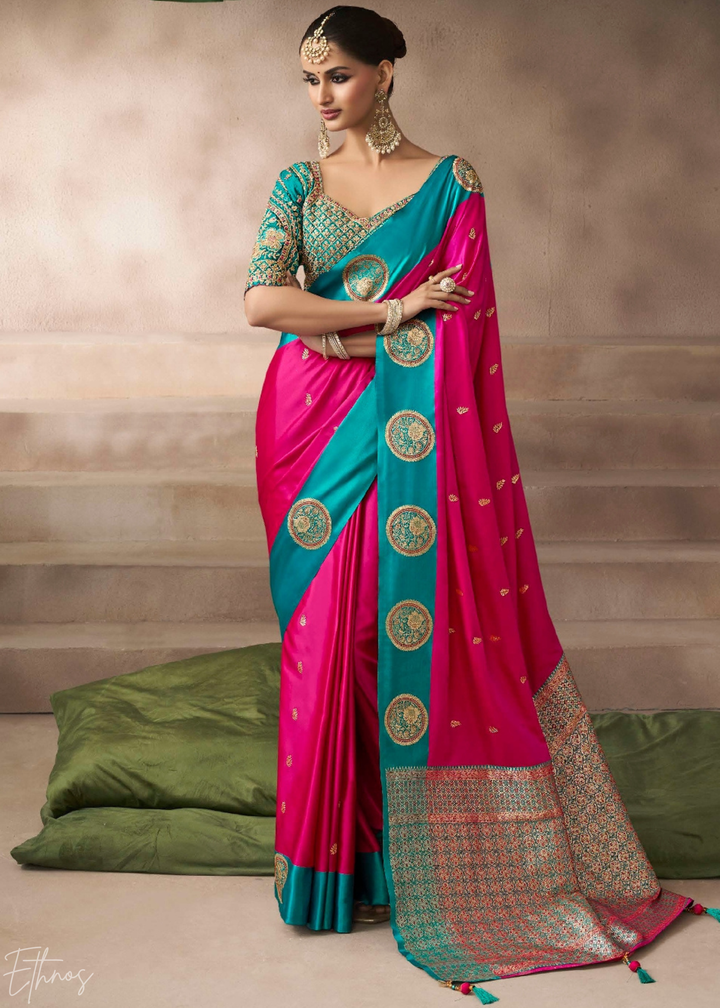 Hot Pink Satin Silk Saree