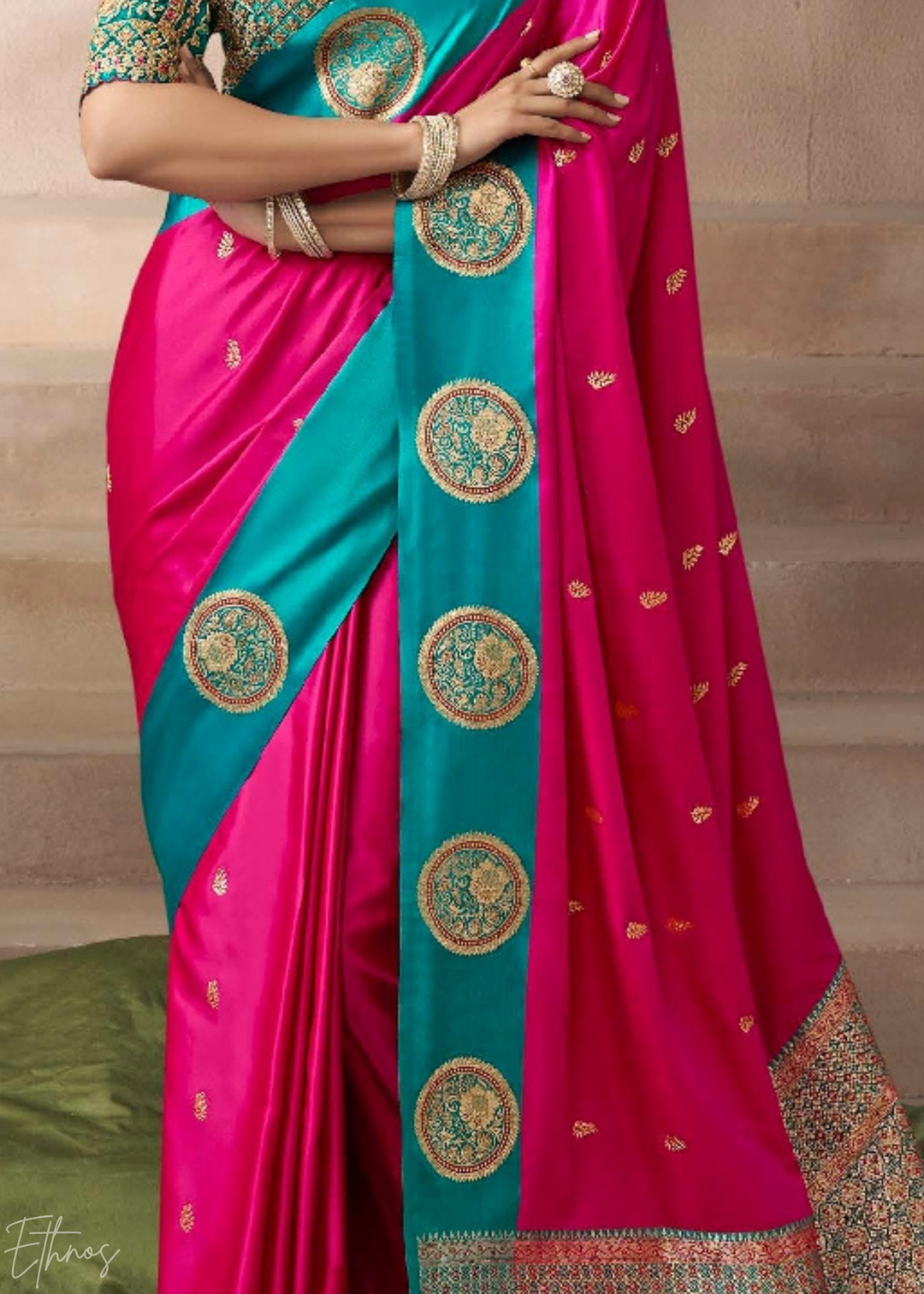 Hot Pink Satin Silk Saree