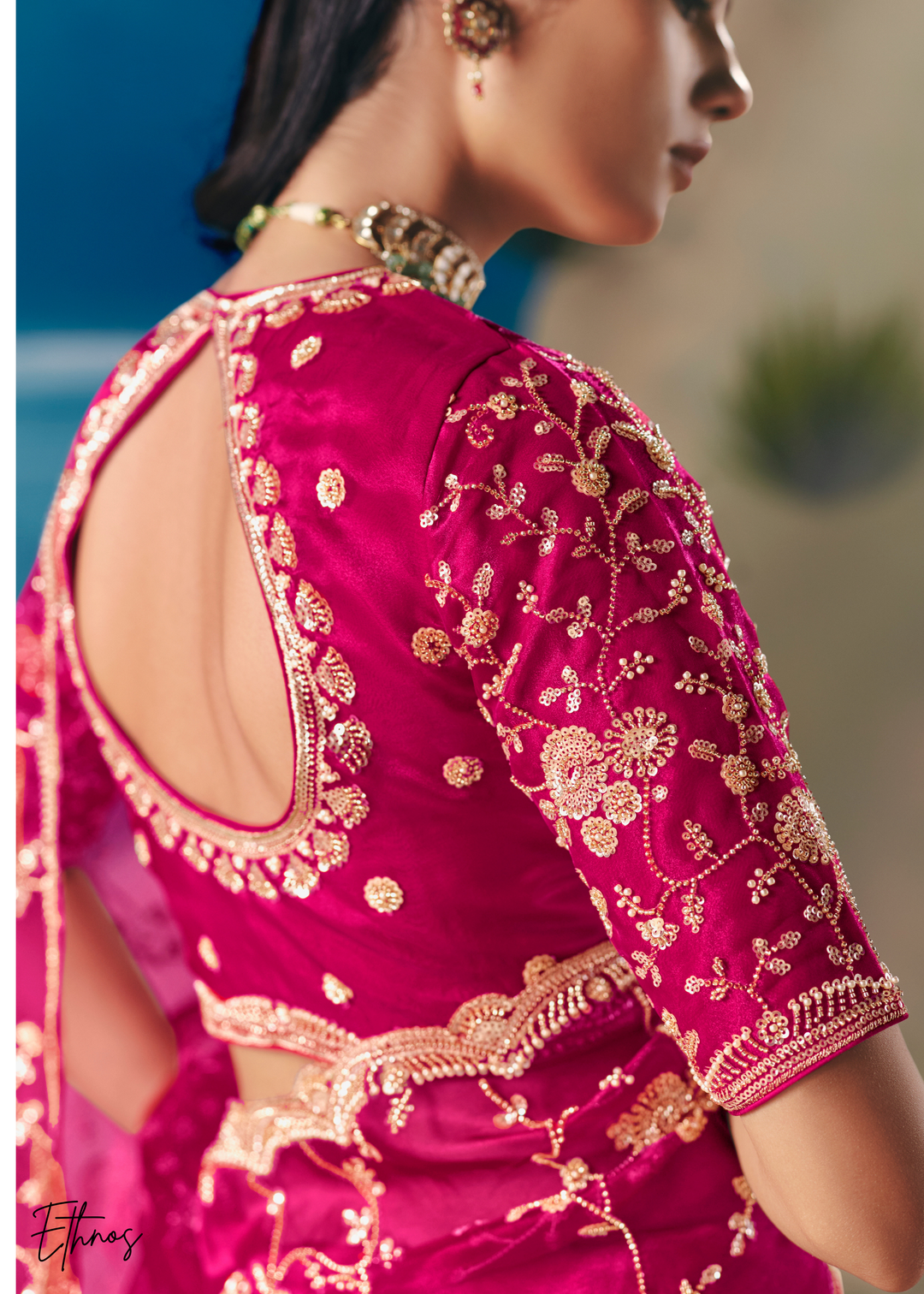 Hot Pink Sequins Organza Saree