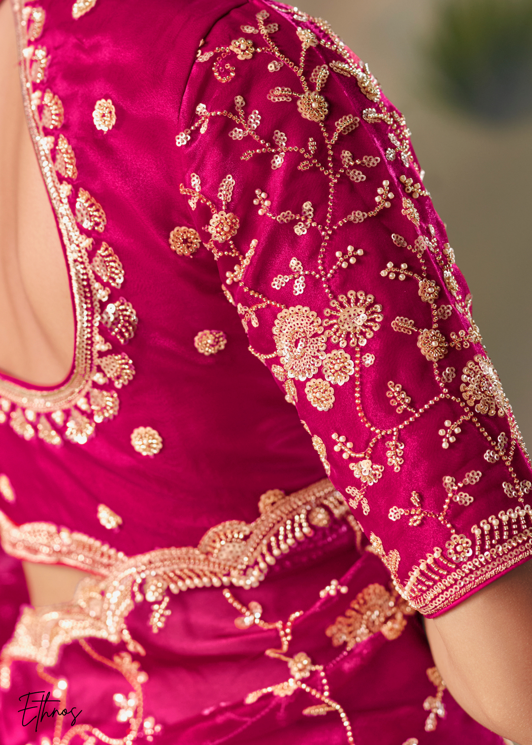 Hot Pink Sequins Organza Saree