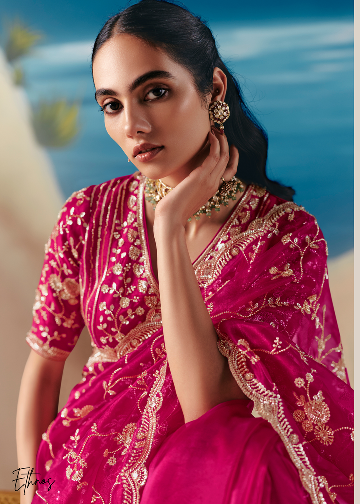Hot Pink Sequins Organza Saree