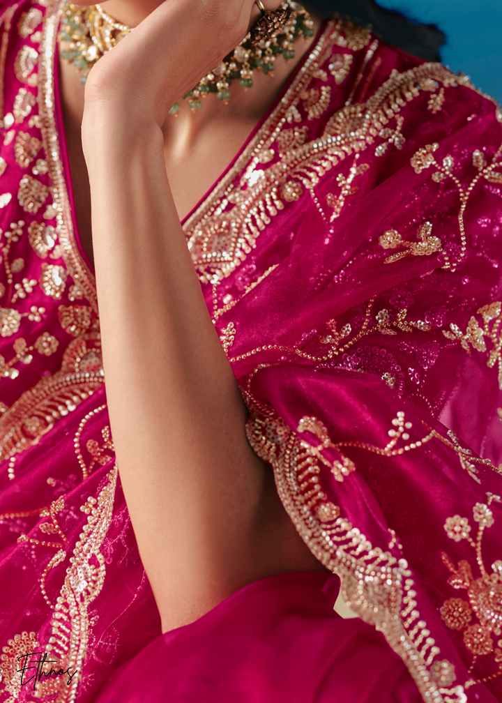 Hot Pink Sequins Organza Saree