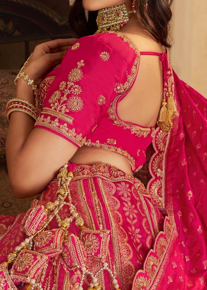Hot Pink Zari Embroidered Banarasi Silk Lehenga