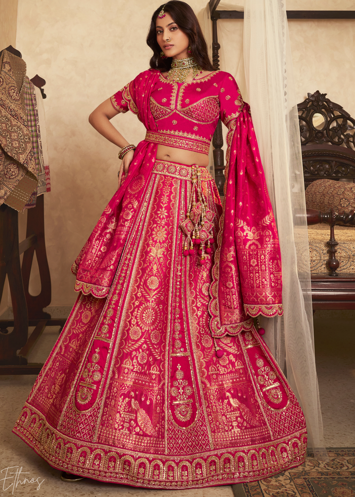 Hot Pink Zari Embroidered Banarasi Silk Lehenga