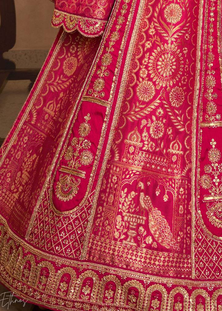 Hot Pink Zari Embroidered Banarasi Silk Lehenga