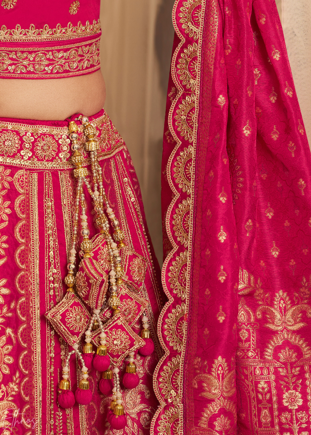 Hot Pink Zari Embroidered Banarasi Silk Lehenga