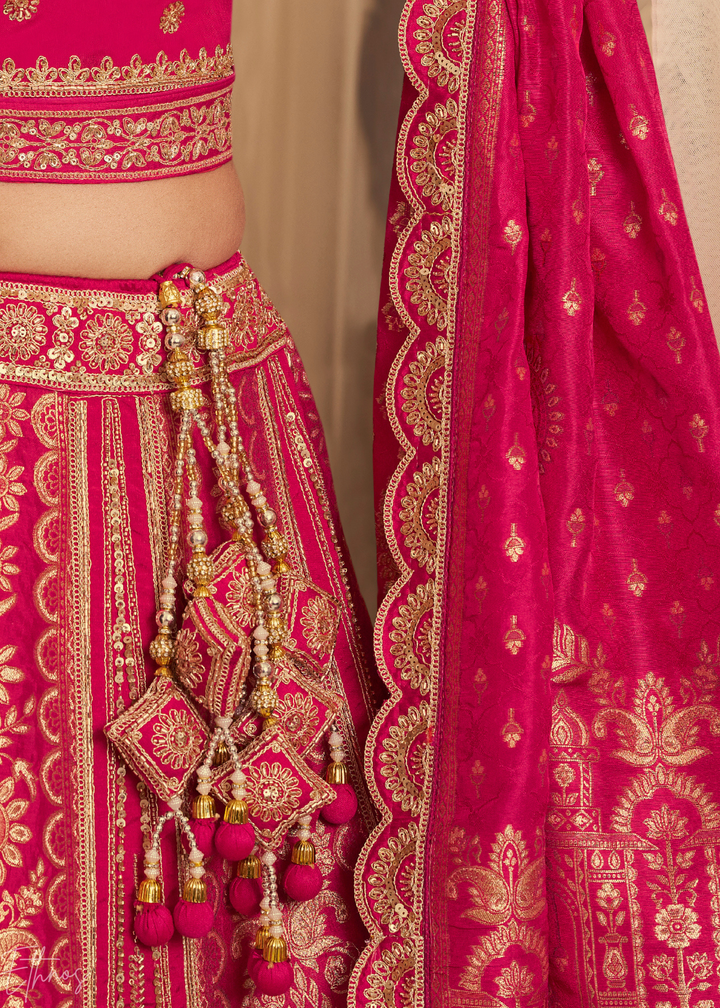 Hot Pink Zari Embroidered Banarasi Silk Lehenga