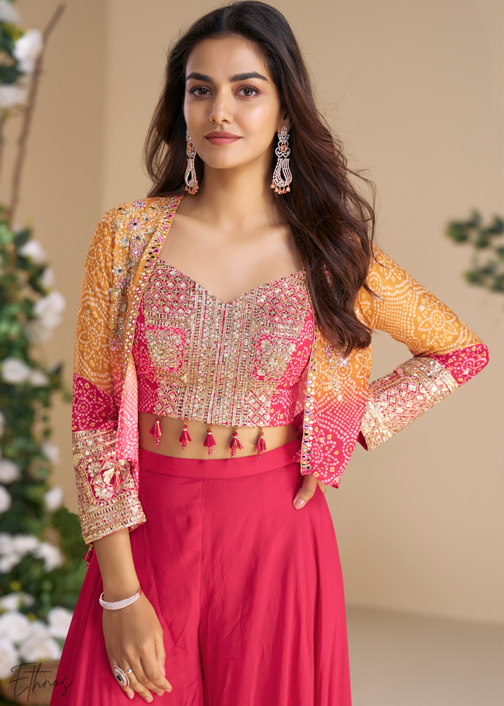 Hot Pink & Orange Chinon Shrug & Choli Palazzo Suit