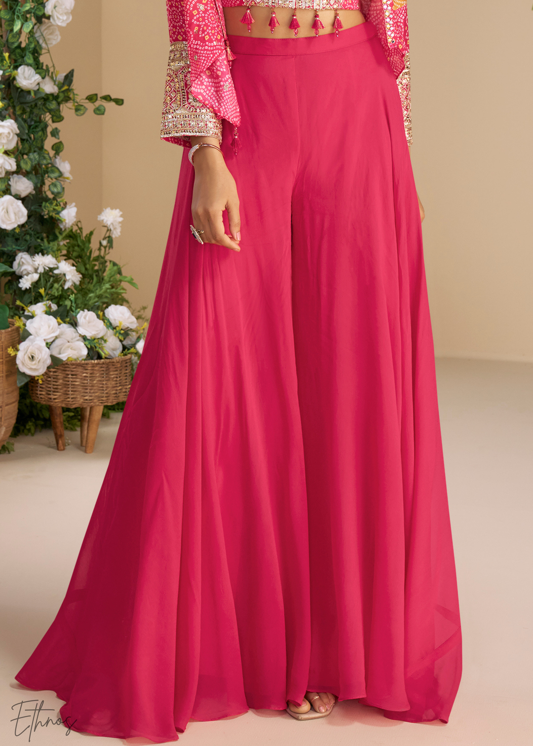 Hot Pink & Orange Chinon Shrug & Choli Palazzo Suit
