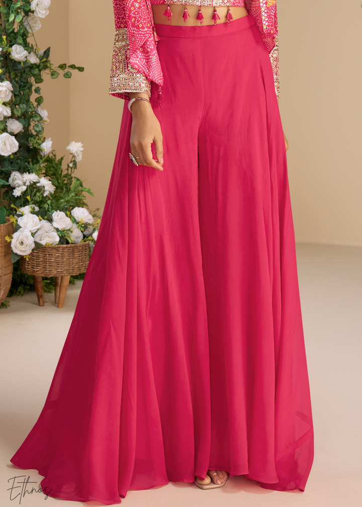 Hot Pink & Orange Chinon Shrug & Choli Palazzo Suit