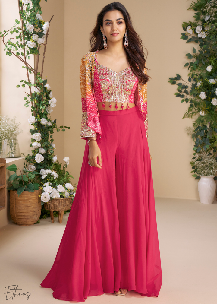 Hot Pink & Orange Chinon Shrug & Choli Palazzo Suit
