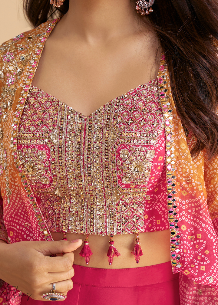 Hot Pink & Orange Chinon Shrug & Choli Palazzo Suit