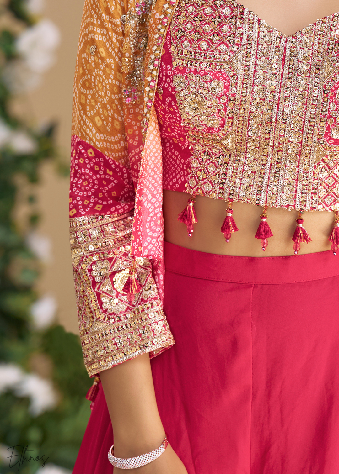 Hot Pink & Orange Chinon Shrug & Choli Palazzo Suit