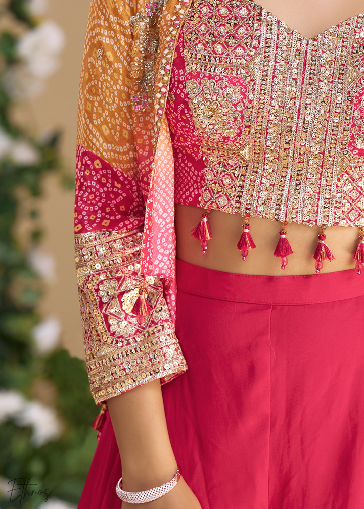 Hot Pink & Orange Chinon Shrug & Choli Palazzo Suit