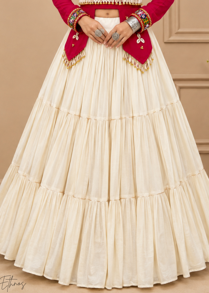 Hot Pink and Ivory Tiered Mirror Work Cotton Lehenga Choli